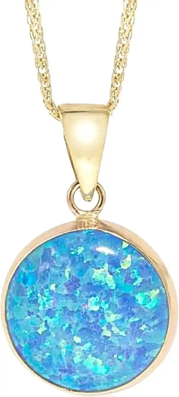 Cover Image for 14K Gold Blue Opal Necklace - Dainty Pendant with October Birthstone, 12mm Round Opal