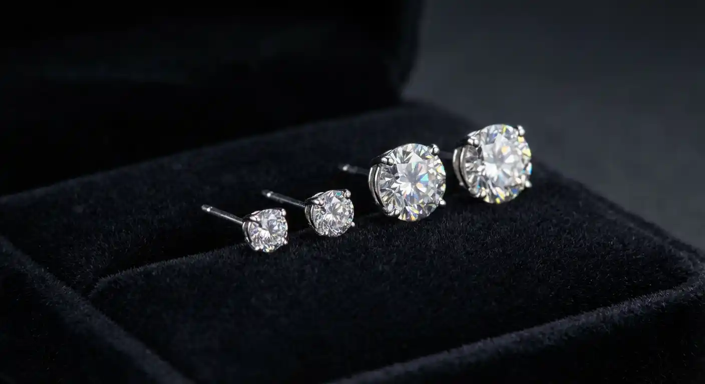 Beautiful diamond stud earrings in various sizes displayed on dark velvet