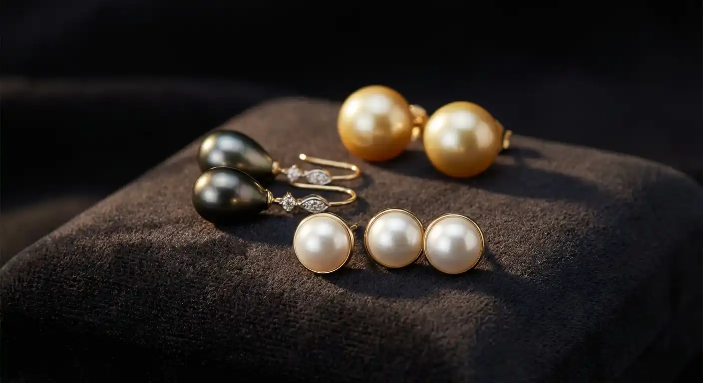 Beautiful pearl earrings in various styles from studs to drops on dark velvet
