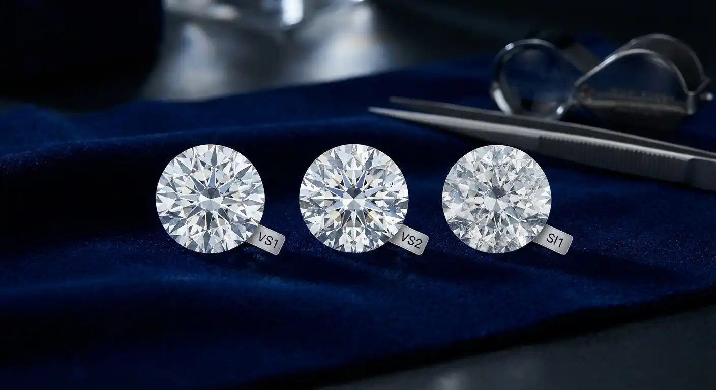 Three diamonds showing VS1, VS2, and SI1 clarity grades side by side