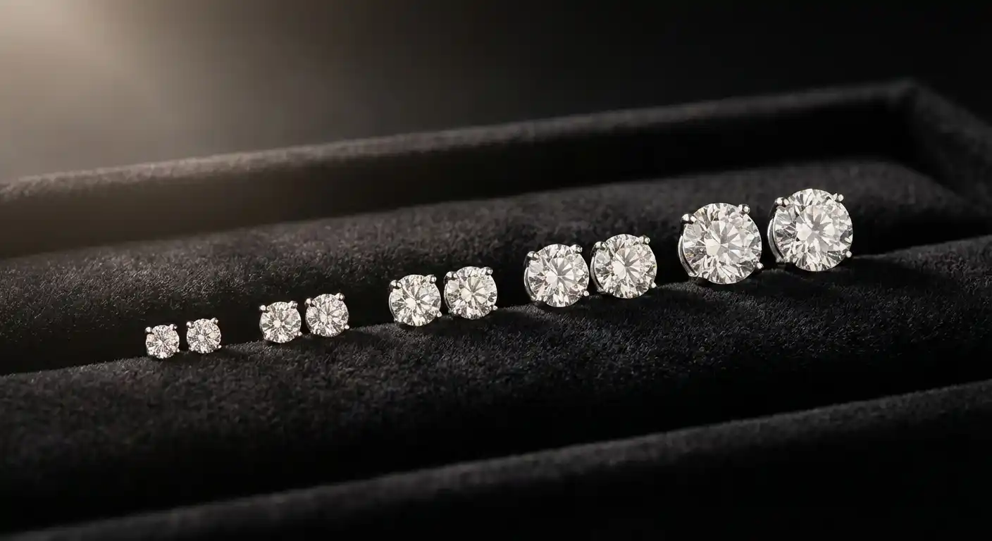 Diamond stud earrings of various carat sizes displayed on dark velvet for comparison