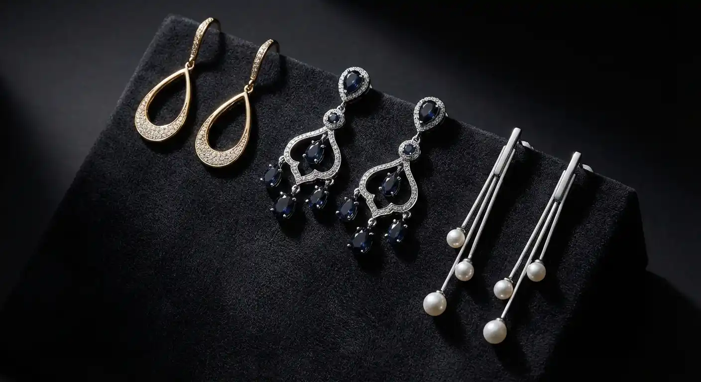 Elegant drop and dangle earrings in various styles displayed on dark velvet
