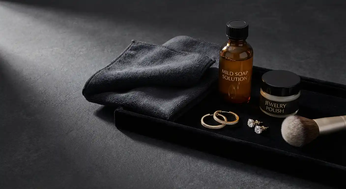 Earring cleaning supplies and jewelry care items arranged on dark surface
