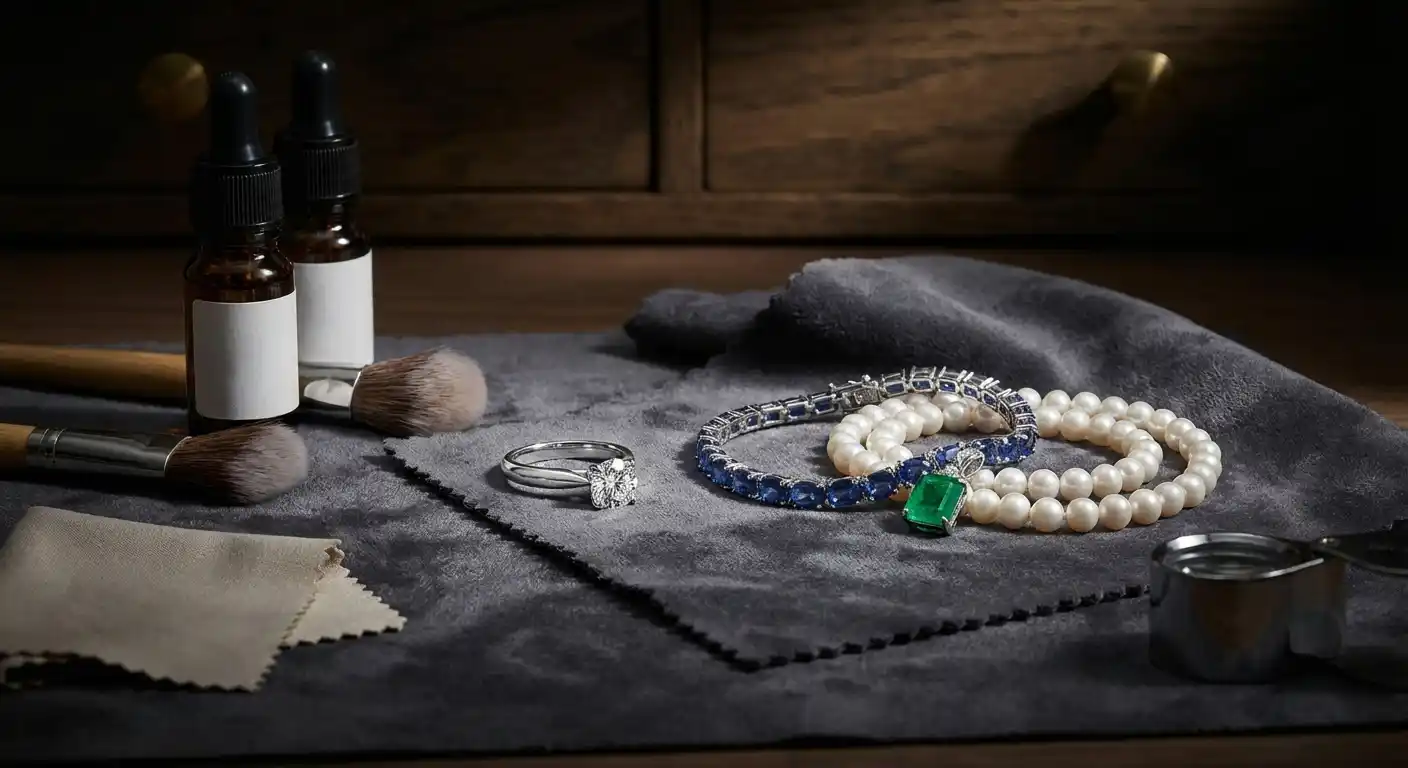 Sparkling diamond ring and colorful gemstone jewelry on soft cleaning surface with gentle cleaning supplies