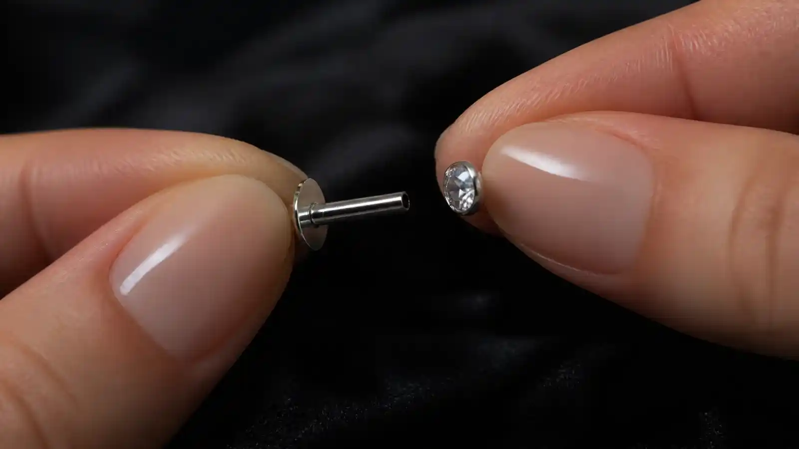Two fingertips assembling a silver titanium flat back earring on black velvet: one holds the labret post by its flat disc back with the hollow bore visible, the other presses a round clear-stone top toward the post opening