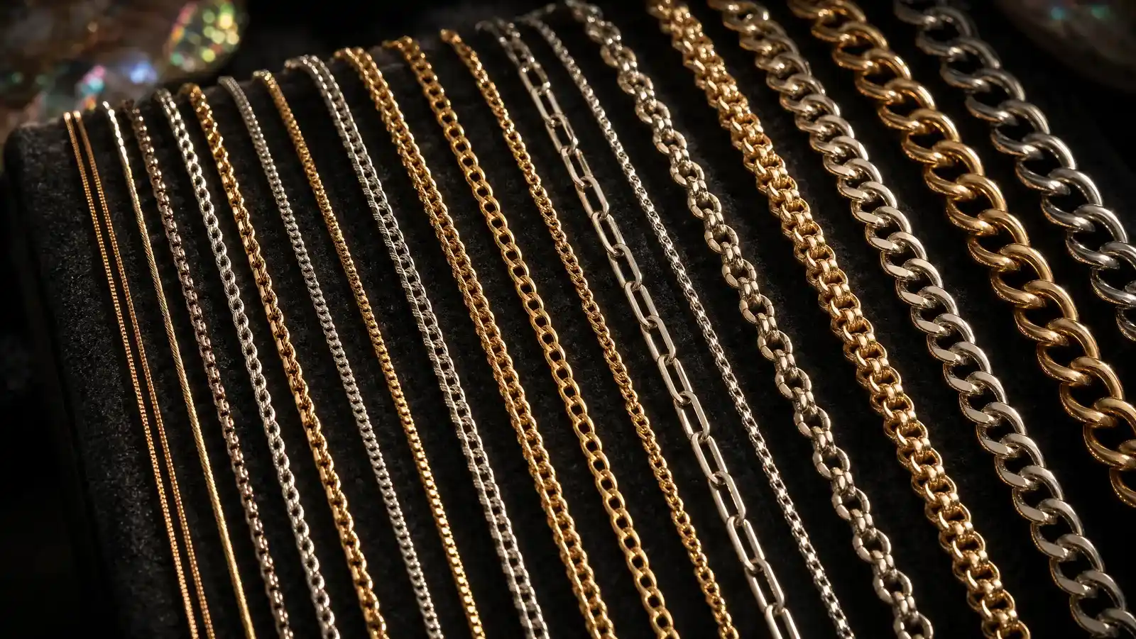 Many gold and silver necklace chains in varying link styles and widths arranged in parallel rows on dark charcoal velvet