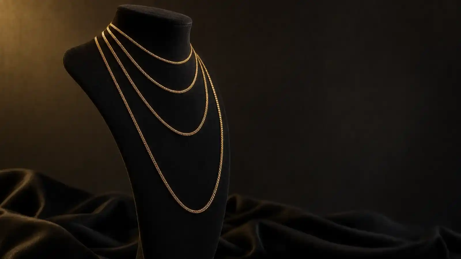 Gold necklace chains of graduated lengths displayed on a black velvet bust form from collar length down to opera length