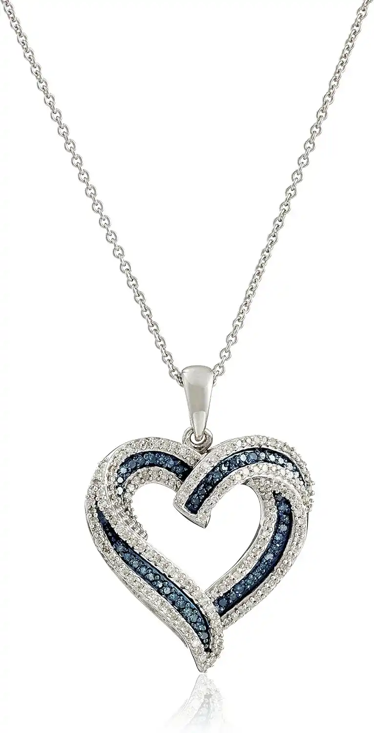 Cover Image for Amazon Collection Sterling Silver Blue and White Diamond Heart Pendant Necklace (1/2 cttw)